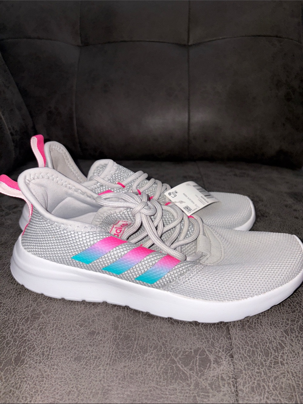 adidas Grey Sneakers with Pink and Teal Accent Stripes